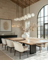an editorial photograph of a bright grand dining room with a tall ceiling.