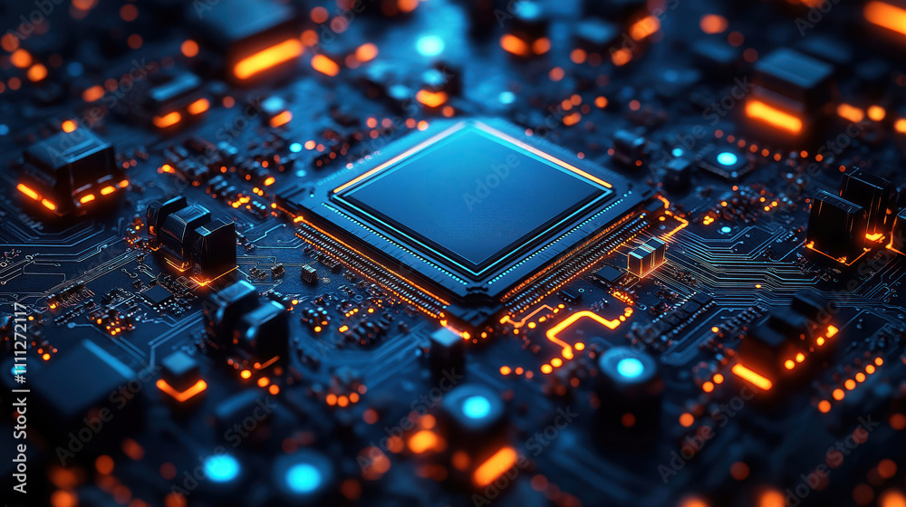 Poster Close-up view of advanced computer chip on circuit board. Modern tech with glowing orange, blue lines. High-tech hardware. Futuristic tech design. Advanced processor design. Tech innovation in