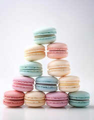 Obraz premium Pastel colored macarons arranged like a pyramid on a white background