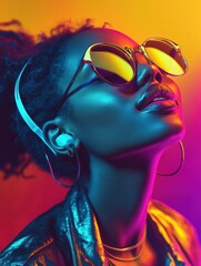 Happy cool fashion funky African young black hipster lady wears trendy glasses headphones listening...