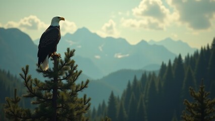 Fototapeta premium A bald eagle perched high on a tree, surveying the landscape with regal authority.