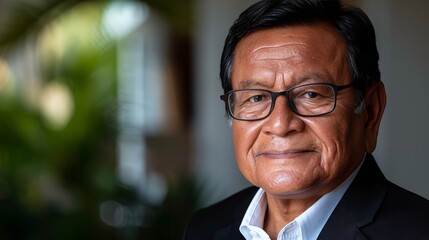Fototapeta premium Mature hispanic businessman engaged in virtual webinar training, working remotely with a smile