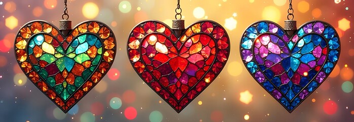 Fototapeta premium Discover vibrant stained glass hearts beautifully hanging against a soft bokeh background, all in warm colors