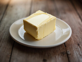 Fresh butter placed on a plate on a wooden table. Breakfast still life. Cooking and good morning concept. Food and a Breakfast theme. High prices for butter.