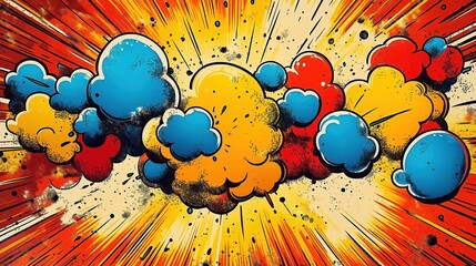 Colorful comic book style speech bubbles, sound effects explode on vibrant background. Dynamic graphic design elements suggest action, energy. Illustration perfect for comic books dynamic social