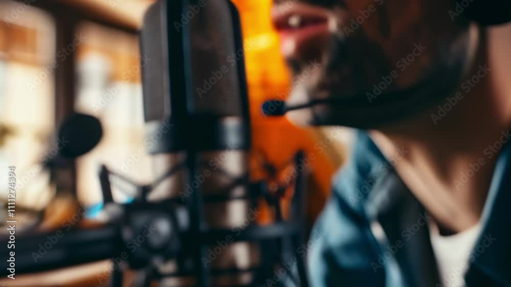 Poster content creator recording a podcast in a cozy home studio setup, immersed in digital communication a