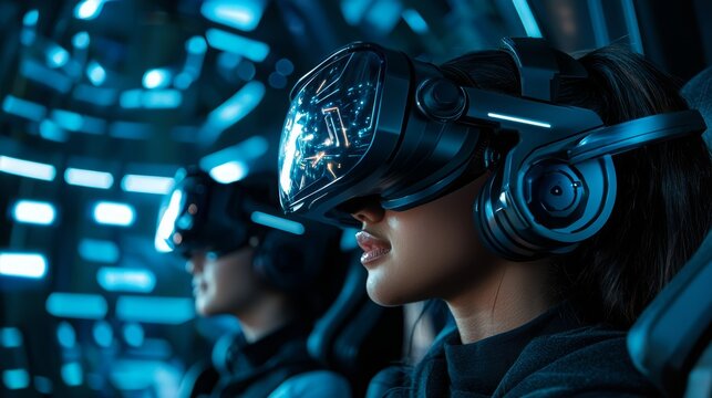 Futuristic VR gaming experience with immersive technology featuring a virtual reality headset and blue lights, perfect for young tech enthusiasts