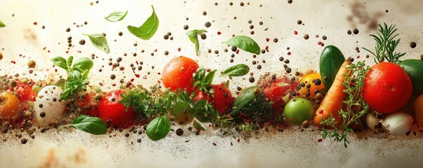 Colorful assortment of flying vegetables herbs, spices in motion on light background. Dynamic culinary composition vibrant fresh ingredients. Ideal food photography for cookbooks magazines websites