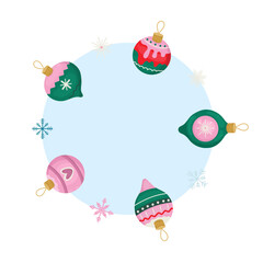 Simple blue frame with Christmas toys and snowflakes, cartoon illustration