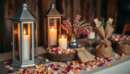 Fototapeta premium A beautifully arranged table with candles, lanterns, and petals, creating an inviting, romantic atmosphere.
