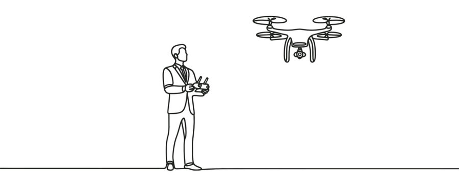 man operating drone, black line art clip art preview