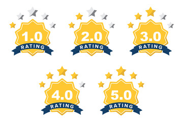 Feedback or rating. Set of rating stars badges with ribbon in a flat design. Customer product rating review. Set of a rating stamp, badge. Rank, level of satisfaction. Vector illustration