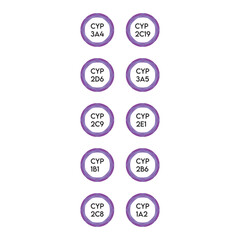 Set of 10 simple icons - Cytochrome P450 enzyme icons - CYP3A4, 2D6, 2C9 and more. Simple design illustration.