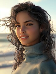Fototapeta premium Portrait of young woman at sea looking at camera. Smiling latin hispanic girl standing at the beach with copy space and looking at camera. Happy mixed race girl in casual outfit with wind in her hair