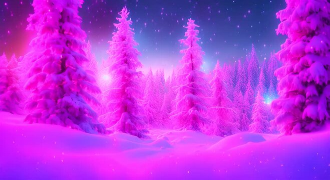 Bright neon forest with fir trees and snowfall Winter background 4K