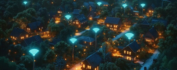 Rural area at night. Houses illuminated with warm light. Wireless internet connectivity shown via glowing wifi signals around houses. Trees, green plants around. Tech connectivity integrated into