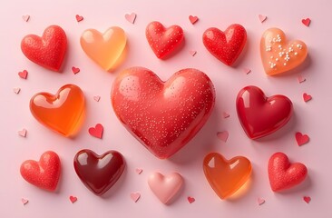 Fototapeta premium A delightful assortment of heartshaped desserts beautifully arranged against a soft pink background, creating a visually appealing treat