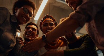 Fototapeta premium Group of diverse coworkers celebrating success in a modern office