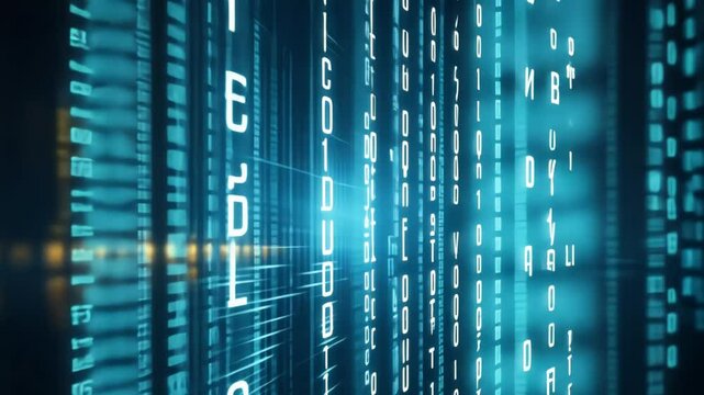 Futuristic digital data stream with glowing numbers and letters.