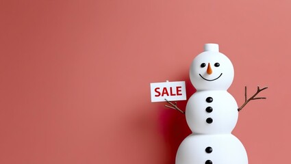 Funny 3D snowman with a sales sign on a pink background, winter holiday banner 2026