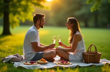A man and a woman are enjoying a delightful picnic together in the park, surrounded by beautiful scenery and natures wonders