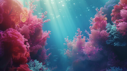 Fototapeta premium Vibrant Underwater Coral Reef Scene Illuminated by Soft Sunlight, Showcasing a Colorful Array of Marine Life in a Stunning High Art Perspective
