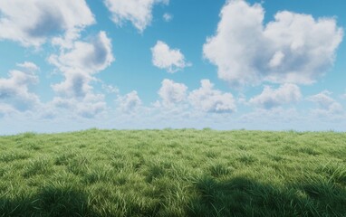 Fototapeta premium A serene landscape featuring lush green grass under a bright blue sky with fluffy clouds.