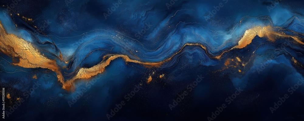 Aufkleber Abstract design with blue, gold swirls. Dynamic patterns create unique visual texture. Stylish, modern artistic design. Ideal for backgrounds wallpapers. Sophisticated color palette. Contemporary