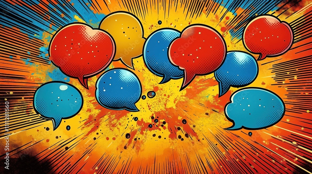 Poster dynamic comic book speech bubbles in vibrant colors explode on orange background. abstract design wi