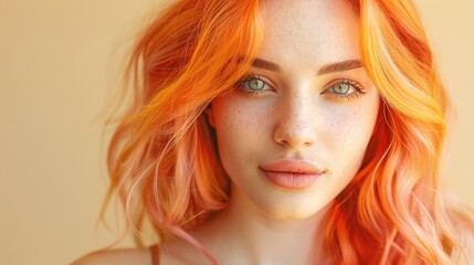 Naklejka premium Young woman with long orange hair, soft and natural lighting, close-up portrait, vibrant colors, beauty and style, elegant and modern look.