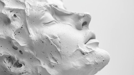 Abstract white clay sculpture of a serene face, showcasing tranquility and artistic expression on a smooth neutral background. Artistic and abstract concept.