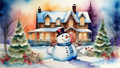 Obraz premium Illustration with snow view and snowman on Christmas night