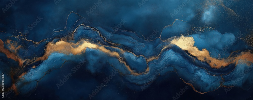 Aufkleber abstract art piece shows swirling blue and gold marble patterns. luxurious design with dynamic color