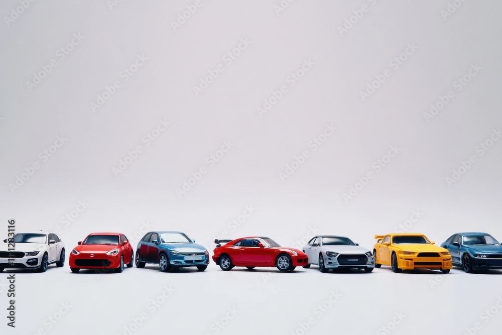 Poster Colorful miniature models of various cars are neatly arranged on a white surface, providing ample space for additional text or information. Generative AI