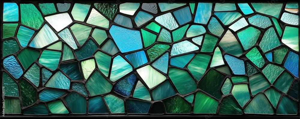 Poster close-up view of stained glass window. mosaic style with geometric design. shades of blue and green.