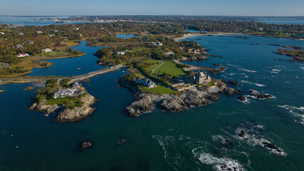 OCTOBER 2022, NEWPORT, RI - USA - Aerial view of Newport Rhode Island on ocean shows wealthy mansions