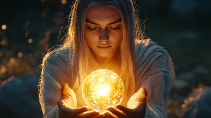 Naklejka premium Witch Conjures Light Shield to Protect Child with Amulet