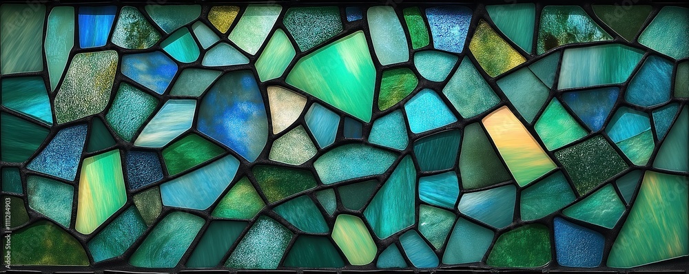 Aufkleber Close-up view of stained glass window. Mosaic design with abstract geometric shapes in shades of green, blue. Uneven surface creates interesting texture. Glass pieces arranged in random pattern.