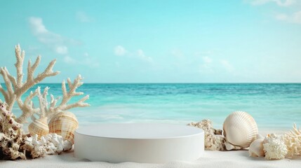 Serene Coastal Display White Platform on Sandy Beach with Ocean View and Coral Decor