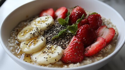 A healthy breakfast scene featuring whole grain oats topped with fresh fruit, seeds, and a drizzle of plant-based milk 