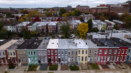OCTOBER 23, 22, BALTIMORE, MD., USA - aerial view of rows of brightly covered "row homes" of Northern Baltimore