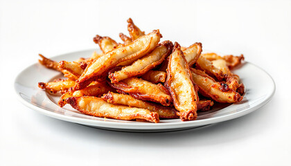 Crispy golden potato wedges on white plate