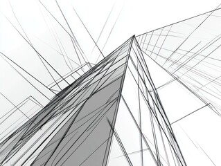 Fototapeta premium Abstract black and white perspective of modern skyscrapers with geometric lines and shapes, showcasing architectural design and urban environment concept.
