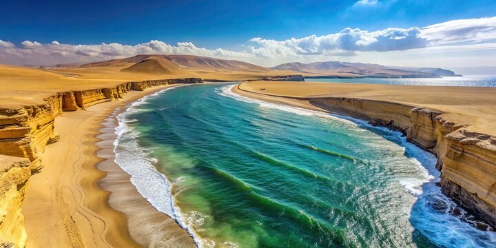 Panoramic view of a beach in Paracas, Peru with a wall separating the sand from the body of water , Paracas, Peru, beach