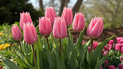 Fototapeta premium Pink tulips with dew drops in a garden.