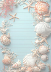 Obraz premium Papier à lettres pastel avec décorations sur le thème marin, coquillages, étoiles de mer et coraux, avec des lignes droites et fines pour l'écriture, 