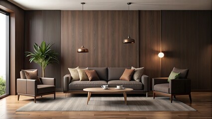 Minimalistic dark brown living room with a neutral color palette and sleek furniture ,  render, interior design, minimalist, modern