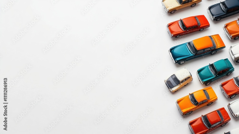 Poster Various miniature car models are arranged neatly on a white background, leaving space for text or design elements to enhance presentation. Generative AI