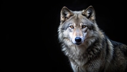 Fototapeta premium Grey wolf standing proudly with a striking black background, wolf, predator, wild, animal, nature, black, background