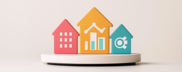 Advertising insights from a digital marketing agency for businesses concept. Colorful house icons representing real estate concepts and data analysis on a display platform.